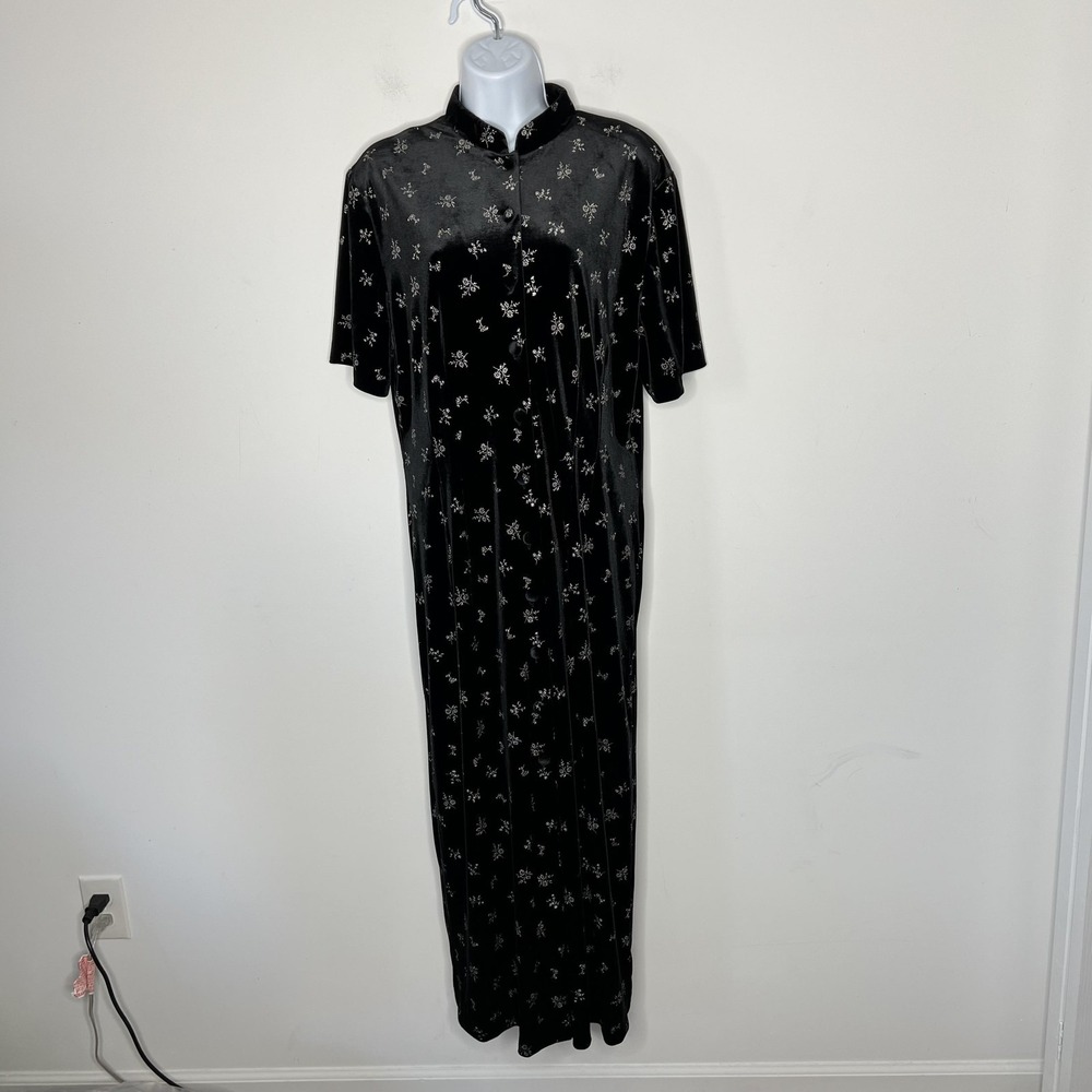 Sag Harbor Dress Womens 14 Black Velvet Floral Mandarin Collar 90s Vintage